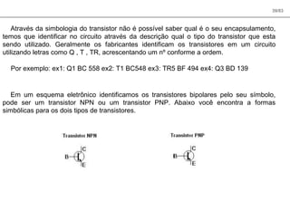 39/83
Através da simbologia do transistor não é possível saber qual é o seu encapsulamento,
temos que identificar no circuito através da descrição qual o tipo do transistor que esta
sendo utilizado. Geralmente os fabricantes identificam os transistores em um circuito
utilizando letras como Q , T , TR, acrescentando um nº conforme a ordem.
Por exemplo: ex1: Q1 BC 558 ex2: T1 BC548 ex3: TR5 BF 494 ex4: Q3 BD 139
Em um esquema eletrônico identificamos os transistores bipolares pelo seu símbolo,
pode ser um transistor NPN ou um transistor PNP. Abaixo você encontra a formas
simbólicas para os dois tipos de transistores.
 