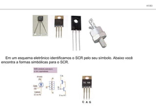 41/83
Em um esquema eletrônico identificamos o SCR pelo seu símbolo. Abaixo você
encontra a formas simbólicas para o SCR.
 