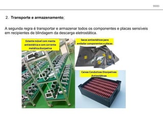 55/83
2. Transporte e armazenamento;
A segunda regra é transportar e armazenar todos os componentes e placas sensíveis
em recipientes de blindagem da descarga eletrostática.
 