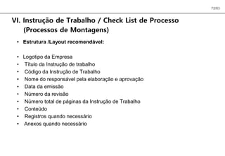 72/83
VI. Instrução de Trabalho / Check List de Processo
(Processos de Montagens)
• Estrutura /Layout recomendável:
• Logotipo da Empresa
• Título da Instrução de trabalho
• Código da Instrução de Trabalho
• Nome do responsável pela elaboração e aprovação
• Data da emissão
• Número da revisão
• Número total de páginas da Instrução de Trabalho
• Conteúdo
• Registros quando necessário
• Anexos quando necessário
 