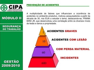 CIPA   Editora Gráficos Burti Ltda.  Unidade Itaquaquecetuba  GESTÃO 2009/2010  MÓDULO II  SEGURANÇA DO TRABALHO PREVENÇÃO DE ACIDENTES A multiplicidade de fatores que influenciam a ocorrência de acidentes no ambiente produtivo, motivou pesquisadores a partir da década de 30, nos EUA a estudar o tema, destacando-se, FRANK BIRD JR, que desenvolveu uma correlação entre os diversos níveis de lesão e danos a propriedade. ACIDENTES  GRAVES ACIDENTES  COM LESÃO COM PERDA MATERIAL INCIDENTES 1 10 60 600 