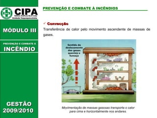 Convecção Transferência de calor pelo movimento ascendente de massas de gases. Movimentação de massas gasosas transporta o calor para cima e horizontalmente nos andares. CIPA   Editora Gráficos Burti Ltda.  Unidade Itaquaquecetuba  GESTÃO 2009/2010  MÓDULO III  PREVENÇÃO E COMBATE Á   INCÊNDIO PREVENÇÃO E COMBATE À INCÊNDIOS 