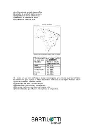 a) resfriamento da umidade da superfície.
b) variação da amplitude de temperatura.
c) dispersão dos ventos contra-alísios.
d) existência de barreiras de relevo.
e) convergência de fluxos de ar.
Umidade relativa do ar, por região
do país, para o dia 28/08/2014
Regiões Umidade relativa
(intervalo médio)
Norte 60 70%
Nordeste 90 100%
Centro-Oeste 55 65%
Sudeste 65 75%
Sul 90 70%
10 - No dia em que foram colhidos os dados meteorológicos apresentados, qual fator climático
foi determinante para explicar os índices de umidade relativa do ar nas regiões Nordeste e Sul?
a) Altitude, que forma barreiras naturais.
b) Vegetação, que afeta a incidência solar.
c) Massas de ar, que provocam precipitações.
d) Correntes marítimas, que atuam na troca de calor.
e) Continentalidade, que influencia na amplitude da temperatura.
 