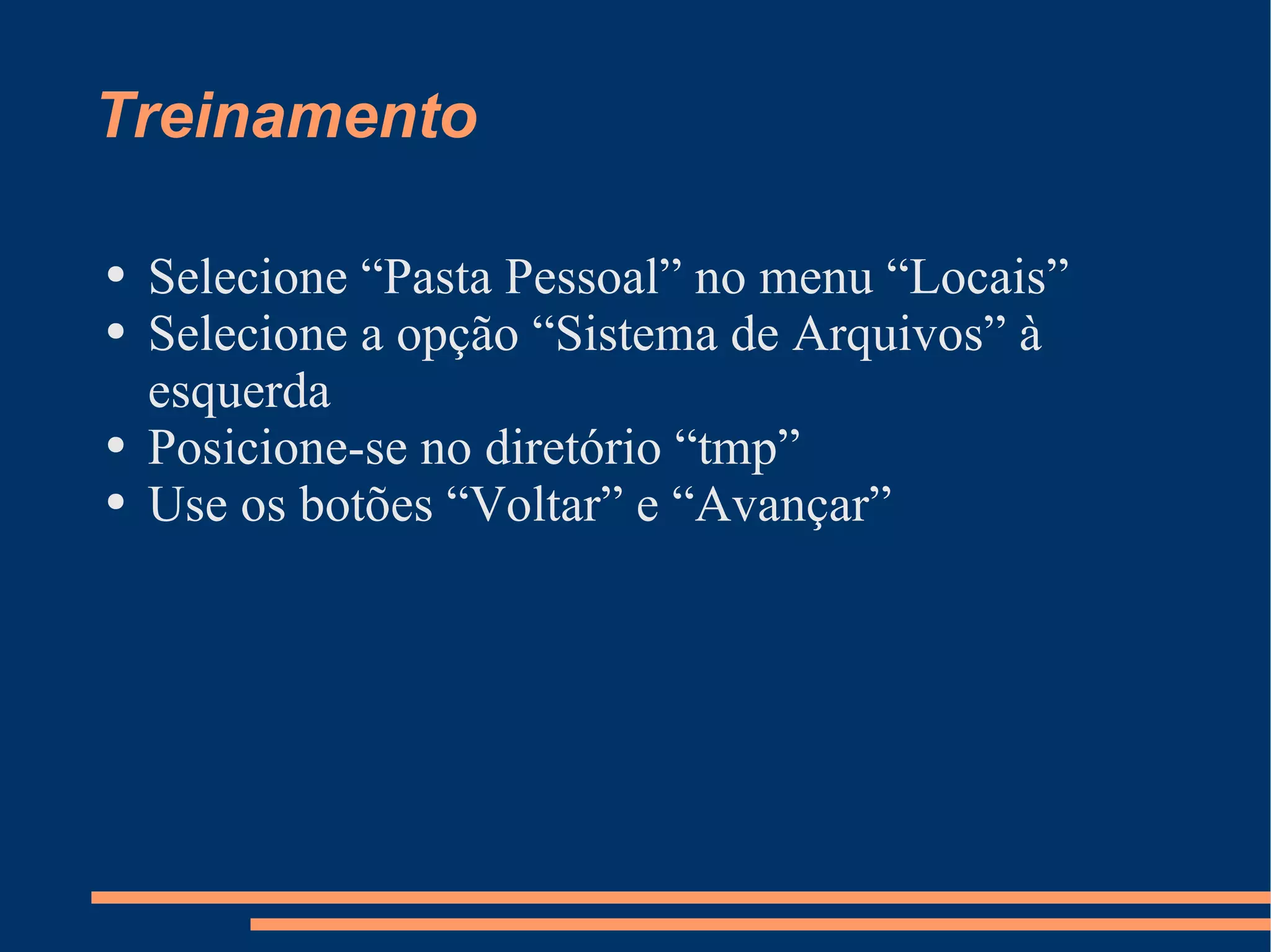Treinamento Selecione “Pasta Pessoal” no menu “Locais” Selecione a opção “Sistema de Arquivos” à esquerda Posicione-se no diretório “tmp” Use os botões “Voltar” e “Avançar” 