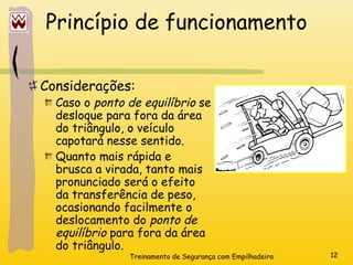 Treinamento de Segurança com Empilhadeira 12
Princípio de funcionamento
Considerações:
Caso o ponto de equilíbrio se
desloque para fora da área
do triângulo, o veículo
capotará nesse sentido.
Quanto mais rápida e
brusca a virada, tanto mais
pronunciado será o efeito
da transferência de peso,
ocasionando facilmente o
deslocamento do ponto de
equilíbrio para fora da área
do triângulo.
 