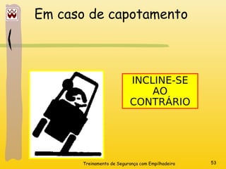 Treinamento de Segurança com Empilhadeira 53
Em caso de capotamento
INCLINE-SE
AO
CONTRÁRIO
 