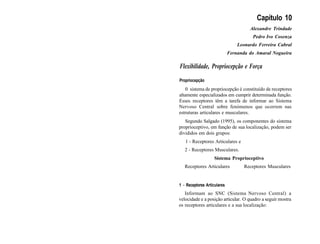 Capítulo 10
Alexandre Trindade
Pedro Ivo Cosenza
Leonardo Ferreira Cabral
Fernanda do Amaral Nogueira
Flexibilidade, Propriocepção e Força
Propriocepção
0 sistema de propriocepção é constituído de receptores
altamente especializados em cumprir determinada função.
Esses receptores têm a tarefa de informar ao Sistema
Nervoso Central sobre fenómenos que ocorrem nas
estruturas articulares e musculares.
Segundo Salgado (1995), os componentes do sistema
proprioceptivo, em função de sua localização, podem ser
divididos em dois grupos:
1 - Receptores Articulares e
2 - Receptores Musculares.
Sistema Proprioceptivo
Receptores Articulares Receptores Musculares
1 - Receptores Articulares
Informam ao SNC (Sistema Nervoso Central) a
velocidade e a posição articular. O quadro a seguir mostra
os receptores articulares e a sua localização:
 