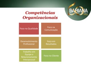 Competências
Organizacionais
Foco na Qualidade

Foco na
Comunicação

Desenvolvimento
Profissional

Foco em
Resultados

Trabalho em
Equipe e
Relacionamento
Interpessoal

Foco no Cliente

 