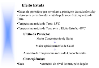 Efeito Estufa
•Gases da atmosfera que permitem a passagem da radiação solar
e absorvem parte do calor emitido pela superfície aquecida da
Terra.
•Temperatura média da Terra: 15ºC
•Temperatura média da Terra sem o Efeito Estufa: -18ºC.
Efeito da Poluição:
Maior Concentração de Gases

Maior aprisionamento de Calor

Aumento da Temperatura média do Globo Terrestre
Conseqüências:
•Seca •Aumento do nível do mar, pelo degelo
 