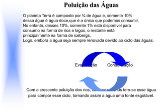 Poluição das Águas
O planeta Terra é composto por ¾ de água e, somente 10%
dessa água é água doce,que é a única que podemos consumir.
No entanto, desses 10%, somente 1% está disponível para
consumo na forma de rios e lagos, o restante está
principalmente na forma de icebergs.
Logo, embora a água seja sempre renovada devido ao ciclo das águas,
Evaporação Condensação
Com a crescente poluição dos rios, cada vez menos tem-se esse água
para compor esse ciclo, tornando assim a água uma fonte esgotável.
 