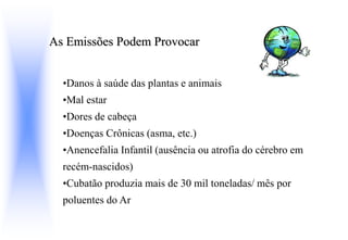As Emissões Podem Provocar
•Danos à saúde das plantas e animais
•Mal estar
•Dores de cabeça
•Doenças Crônicas (asma, etc.)
•Anencefalia Infantil (ausência ou atrofia do cérebro em
recém-nascidos)
•Cubatão produzia mais de 30 mil toneladas/ mês por
poluentes do Ar
 