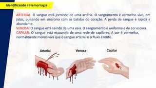 Identificando a Hemorragia
ARTERIAL: O sangue está jorrando de uma artéria. O sangramento é vermelho vivo, em
jatos, pulsa...