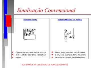SEGURANÇA NA UTILIZAÇÃO DE PONTES ROLANTES
Sinalização Convencional
PARADA TOTAL
 Estender os braços na vertical, com os
 dedos voltados para cima, e se colocar
 imóvel.
DESLOCAMENTO DA PONTE
 Com o braço estendido e a mão aberta
 e um pouco levantada, fazer movimento
 de empurrar, direção do deslocamento.
 