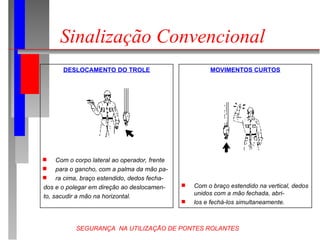 SEGURANÇA NA UTILIZAÇÃO DE PONTES ROLANTES
Sinalização Convencional
DESLOCAMENTO DO TROLE
 Com o corpo lateral ao operador, frente
 para o gancho, com a palma da mão pa-
 ra cima, braço estendido, dedos fecha-
dos e o polegar em direção ao deslocamen-
to, sacudir a mão na horizontal.
MOVIMENTOS CURTOS
 Com o braço estendido na vertical, dedos
unidos com a mão fechada, abri-
 los e fechá-los simultaneamente.
 