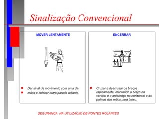 SEGURANÇA NA UTILIZAÇÃO DE PONTES ROLANTES
Sinalização Convencional
MOVER LENTAMENTE
 Dar sinal de movimento com uma das
 mãos e colocar outra parada adiante.
ENCERRAR
 Cruzar e descruzar os braços
rapidamente, mantendo o braço na
vertical e o antebraço na horizontal e as
palmas das mãos para baixo.
 