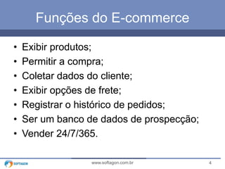 Funções do E-commerce 
• Exibir produtos; 
• Permitir a compra; 
• Coletar dados do cliente; 
• Exibir opções de frete; 
• Registrar o histórico de pedidos; 
• Ser um banco de dados de prospecção; 
• Vender 24/7/365. 
www.softagon.com.br 4 
 
