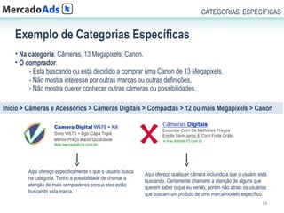 CATEGORIAS ESPECÍFICAS


    Exemplo de Categorias Específicas
    • Na categoria: Câmeras, 13 Megapixels, Canon.
    • O comprador:
         - Está buscando ou está decidido a comprar uma Canon de 13 Megapixels.
         - Não mostra interesse por outras marcas ou outras definições.
         - Não mostra querer conhecer outras câmeras ou possibilidades.

Início > Câmeras e Acessórios > Câmeras Digitais > Compactas > 12 ou mais Megapixels > Canon




        Aqui ofereço especificamente o que o usuário busca   Aqui ofereço qualquer câmera incluindo a que o usuário está
        na categoria. Tenho a possibilidade de chamar a      buscando. Certamente chamarei a atenção de alguns que
        atenção de mais compradores porque eles estão        querem saber o que eu vendo, porém não atraio os usuários
        buscando esta marca.                                 que buscam um produto de uma marca/modelo específico.
                                                                                                                     14
 