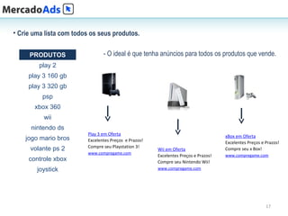 • Crie uma lista com todos os seus produtos.


     PRODUTOS                    - O ideal é que tenha anúncios para todos os produtos que vende.
         play 2
     play 3 160 gb
     play 3 320 gb
          psp
       xbox 360
          wii
      nintendo ds
                          Play 3 em Oferta                                            xBox em Oferta
    jogo mario bros       Excelentes Preços e Prazos!                                 Excelentes Preços e Prazos!
                          Compre seu Playstation 3!
      volante ps 2                                      Wii em Oferta                 Compre seu x Box!
                          www.compregame.com
                                                        Excelentes Preços e Prazos!   www.compregame.com
     controle xbox                                      Compre seu Nintendo Wii!
        joystick                                        www.compregame.com




                                                                                                          17
 