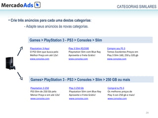 CATEGORIAS SIMILARES


• Crie três anúncios para cada uma destas categorias:
          - Adapte seus anúncios às novas categorias.


             Games > PlayStation 3 - PS3 > Consoles > Slim
             Playstation 3 Aqui           Play 3 Slim R$2500              Compre seu PS 3
             O PS3 Slim que busca pelo    Playstation Slim com Blue Ray   Temos Excelentes Preços em
             Melhor Preço em até 12x!     Aproveite o Frete Grátis!       Play 3 Slim 160, 250 y 320 gb
             www.consolas.com             www.consolas.com                www.consolas.com




              Games> PlayStation 3 - PS3 > Consoles > Slim > 250 GB ou mais

              Playstation 3 250           Play 3 250 Gb                   Comprá tu PS 3
              PS3 Slim de 250 Gb pelo     Playstation Slim com Blue Ray   Os melhores preços de
              Menor Preço e em até 12x!   Aproveite o Frete Grátis!       Play 3 con 250 gb e mais!
              www.consolas.com            www.consolas.com                www.consolas.com




                                                                                                          24
 