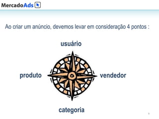Ao criar um anúncio, devemos levar em consideração 4 pontos :

                       usuário



      produto                           vendedor



                      categoria                             9
 