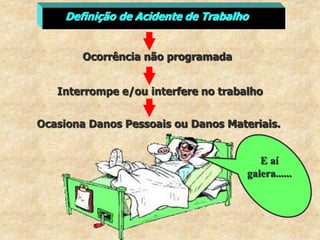 Definição de Acidente de Trabalho
Ocasiona Danos Pessoais ou Danos Materiais.
Ocorrência não programada
Interrompe e/ou interfere no trabalho
E aí
galera......
 