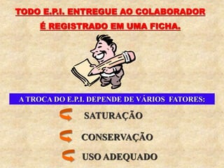 TODO E.P.I. ENTREGUE AO COLABORADOR
É REGISTRADO EM UMA FICHA.
A TROCA DO E.P.I. DEPENDE DE VÁRIOS FATORES:
SATURAÇÃO
CONSERVAÇÃO
USO ADEQUADO
 