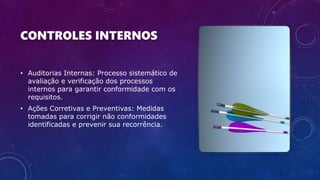 CONTROLES INTERNOS
• Auditorias Internas: Processo sistemático de
avaliação e verificação dos processos
internos para garantir conformidade com os
requisitos.
• Ações Corretivas e Preventivas: Medidas
tomadas para corrigir não conformidades
identificadas e prevenir sua recorrência.
 