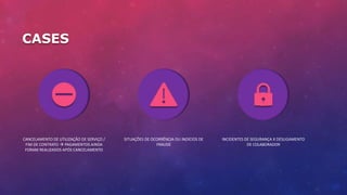 CASES
CANCELAMENTO DE UTILIZAÇÃO DE SERVIÇO /
FIM DE CONTRATO  PAGAMENTOS AINDA
FORAM REALIZADOS APÓS CANCELAMENTO
SITUAÇÕES DE OCORRÊNCIA OU INDÍCIOS DE
FRAUDE
INCIDENTES DE SEGURANÇA X DESLIGAMENTO
DE COLABORADOR
 