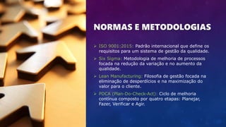 NORMAS E METODOLOGIAS
 ISO 9001:2015: Padrão internacional que define os
requisitos para um sistema de gestão da qualidade.
 Six Sigma: Metodologia de melhoria de processos
focada na redução da variação e no aumento da
qualidade.
 Lean Manufacturing: Filosofia de gestão focada na
eliminação de desperdícios e na maximização do
valor para o cliente.
 PDCA (Plan-Do-Check-Act): Ciclo de melhoria
contínua composto por quatro etapas: Planejar,
Fazer, Verificar e Agir.
 