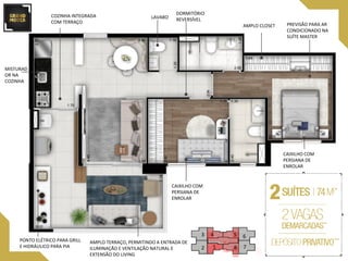 LAVABO
AMPLO TERRAÇO, PERMITINDO A ENTRADA DE
ILUMINAÇÃO E VENTILAÇÃO NATURAL E
EXTENSÃO DO LIVING
PREVISÃO PARA AR
CONDICIONADO NA
SUÍTE MASTER
AMPLO CLOSET
CAIXILHO COM
PERSIANA DE
ENROLAR
PONTO ELÉTRICO PARA GRILL
E HIDRÁULICO PARA PIA
COZINHA INTEGRADA
COM TERRAÇO
DORMITÓRIO
REVERSÍVEL
CAIXILHO COM
PERSIANA DE
ENROLAR
12
3 4 5 6
78
MISTURAD
OR NA
COZINHA
 