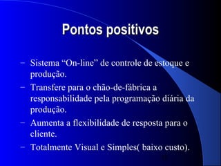 Pontos positivos

– Sistema “On-line” de controle de estoque e
  produção.
– Transfere para o chão-de-fábrica a
  responsabilidade pela programação diária da
  produção.
– Aumenta a flexibilidade de resposta para o
  cliente.
– Totalmente Visual e Simples( baixo custo).
                                    38
 