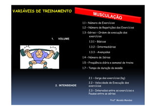 VARIÁVEIS DE TREINAMENTO
1.1 – Número de Exercícios
1.2 – Número de Repetições dos Exercícios
1.3 –Séries = Ordem de execução dos
exercícios
1.3.1 – Básicas
1.3.2 – Intermediárias
1.3.3 - Avançadas
1. VOLUME
1.4 – Número de Séries
1.5 – Freqüência diária e semanal de treino
1.7 – Tempo de duração da sessão
2.1 – Carga dos exercícios (kg)
2.2 – Velocidade de Execução dos
exercícios
2.3 – Intervalos entre os exercícios e
Pausas entre as séries
2. INTENSIDADE
Prof° Moisés Mendes
 