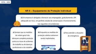EPIS – NR6​
NR 6 – Equipamento de Proteção Individual​
6.3 A empresa é obrigada a fornecer aos empregados, gratuitamente, EPI
adequado ao risco, em perfeito estado de conservação e funcionamento,
nas seguintes circunstâncias:​
a) Sempre que as medidas
de ordem geral não
ofereçam completa proteção
contra os riscos de acidentes
do trabalho ou de doenças
profissionais e do trabalho;
b) Enquanto as medidas de
proteção coletiva estiverem
sendo implantadas;
c) Para atender a situações
de emergência.​
 