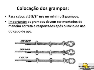 Colocação dos grampos:
• Para cabos até 5/8” use no mínimo 3 grampos.
• Importante: os grampos devem ser montados de
maneira correta e reapertados após o início de uso
do cabo de aço.
 