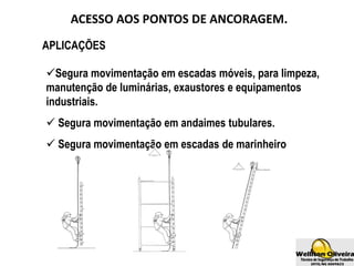 ACESSO AOS PONTOS DE ANCORAGEM.
APLICAÇÕES
Segura movimentação em escadas móveis, para limpeza,
manutenção de luminárias, exaustores e equipamentos
industriais.
 Segura movimentação em andaimes tubulares.
 Segura movimentação em escadas de marinheiro
 
