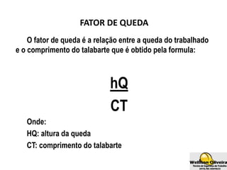 FATOR DE QUEDA
O fator de queda é a relação entre a queda do trabalhado
e o comprimento do talabarte que é obtido pela formula:
hQ
CT
Onde:
HQ: altura da queda
CT: comprimento do talabarte
 