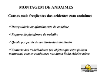 MONTAGEM DE ANDAIMES
Causas mais freqüentes dos acidentes com andaimes
Desequilíbrio ou afundamento do andaime
Ruptura da plataforma de trabalho
Queda por perda de equilíbrio do trabalhador
Contacto dos trabalhadores (ou objetos que estes possam
manusear) com os condutores nus duma linha elétrica aérea
 