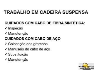TRABALHO EM CADEIRA SUSPENSA
CUIDADOS COM CABO DE FIBRA SINTÉTICA:
 Inspeção
 Manutenção
CUIDADOS COM CABO DE AÇO
 Colocação dos grampos
 Manuseio do cabo de aço
 Substituição
 Manutenção
 
