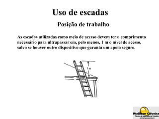 Uso de escadas
Posição de trabalho
As escadas utilizadas como meio de acesso devem ter o comprimento
necessário para ultrapassar em, pelo menos, 1 m o nível de acesso,
salvo se houver outro dispositivo que garanta um apoio seguro.
 