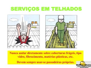Nunca andar diretamente sobre coberturas frágeis, tipo
vidro, fibrocimento, matérias plásticas, etc.
Devem sempre usar-se passadeiras próprias.
SERVIÇOS EM TELHADOS
 