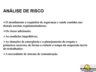 ANÁLISE DE RISCO
O atendimento a requisitos de segurança e saúde contidos nas
demais normas regulamentadoras;
Os riscos adicionais;
As condições impeditivas;
As situações de emergência e o planejamento do resgate e
primeiros socorros, de forma a reduzir o tempo da suspensão inerte
do trabalhador;
A necessidade de sistema de comunicação.
 