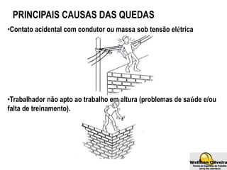PRINCIPAIS CAUSAS DAS QUEDAS
•Contato acidental com condutor ou massa sob tensão elétrica
•Trabalhador não apto ao trabalho em altura (problemas de saúde e/ou
falta de treinamento).
 