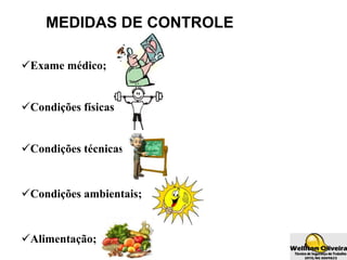 MEDIDAS DE CONTROLE
Exame médico;
Condições físicas;
Condições técnicas;
Condições ambientais;
Alimentação;
 