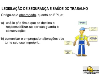 LEGISLAÇÃO DE SEGURANÇA E SAÚDE DO TRABALHO
Obriga-se o empregado, quanto ao EPI, a:
a) usá-lo p/ o fim a que se destina e
responsabilizar-se por sua guarda e
conservação;
b) comunicar o empregador alterações que
torne seu uso impróprio.
 