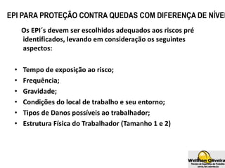 EPI PARA PROTEÇÃO CONTRA QUEDAS COM DIFERENÇA DE NÍVEL
Os EPI´s devem ser escolhidos adequados aos riscos pré
identificados, levando em consideração os seguintes
aspectos:
• Tempo de exposição ao risco;
• Frequência;
• Gravidade;
• Condições do local de trabalho e seu entorno;
• Tipos de Danos possíveis ao trabalhador;
• Estrutura Física do Trabalhador (Tamanho 1 e 2)
 