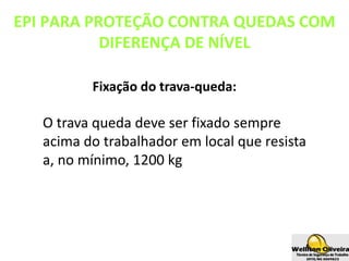 Fixação do trava-queda:
O trava queda deve ser fixado sempre
acima do trabalhador em local que resista
a, no mínimo, 1200 kg
EPI PARA PROTEÇÃO CONTRA QUEDAS COM
DIFERENÇA DE NÍVEL
 