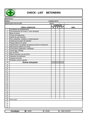 CHECK - LIST              BETONEIRA

EMPRESA:
OBRA:                                                        FABRICANTE:
INSPEÇÃO FEITA POR:                                           DATA: _____/_____/_____
                                                                  CONDIÇÃO
                       ITEM A VERIFICAR                          B    R     N            OBS.
  1   Condições do Equipamento
  2   Funcionamento do motor ( ruído vibração)
  3   Base de apoio
  4   Travas de segurança
  5   Cabos de aço diversos
  6   Piso resistente, nivelado e antiderrapante
  7   Cobertura do posto de trabalho
  8   Fiação elétrica em geral
  9   Impedimento circulação de pessoa próximo a betoneira
 10   Aterramento elétrico do motor
 11   Funcionário qualificado / habilitado
 12   Chave liga / desliga
 13   Uso de EPI's
 14   Placa indicativa uso de EPI's
 15   Operador de betoneira
 16   Limpeza do local
 17   Proteção contra Incêndio
                       Outras situações
 18
 19
 20
 21
 22
 23
 24
 25
 26
 27
 28
 29
 30
 31
 32
 33
 34
 35
 36   Observações:
 37
 38
 39
 40

       Condição            B - BOM                 R - RUÍM             N - NÃO EXISTE
 