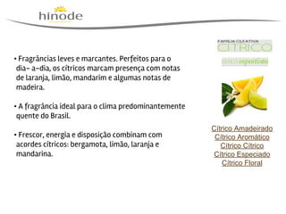 • Fragrâncias leves e marcantes. Perfeitos para o
dia- a-dia, os cítricos marcam presença com notas
de laranja, limão, mandarim e algumas notas de
madeira.
• A fragrância ideal para o clima predominantemente
quente do Brasil.
                                              
• Frescor, energia e disposição combinam com
acordes cítricos: bergamota, limão, laranja e
mandarina.
                                                 

Cítrico Amadeirado
Cítrico Aromático
Cítrico Cítrico
Cítrico Especiado
Cítrico Floral

 