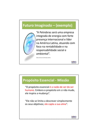 Futuro Imaginado – (exemplo) 
           “A Petrobras será uma empresa 
           integrada de energia com forte 
           presença internacional e líder 
           na América Latina, atuando com 
           foco na rentabilidade e na 
           responsabilidade social e 
                    bilid d     i l
           ambiental”.
           Visão de futuro da Petrobras (2015)




Propósito Essencial ‐ Missão
 “O propósito essencial é a razão de ser do ser 
                        é a razão de ser do ser 
 humano. Embora o propósito em si não mude, 
 humano E b
 h                       ó it       i ã      d
 ele inspira a mudança”.

 “Ele não se limita a descrever simplesmente 
 os seus objetivos; ele capta a sua alma
 os seus objetivos; ele capta a sua alma”.
                    ele capta a sua alma
                                    alma
 