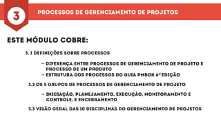 Processos de Gerenciamento de Projetos
3
Este Módulo Cobre:
3. 1 Definições sobre Processos
3.2 Os 5 Grupos de Processos de Gerenciamento de Projeto
Diferença entre Processos de Gerenciamento de Projeto e
Processo de um Produto
Estrutura dos Processos do Guia PMBOK 6ª Edição
-
-
-
Iniciação, Planejamento, Execução, Monitoramento e
Controle, e Encerramento
3.3 Visão Geral das 10 disciplinas do Gerenciamento de Projetos
 
